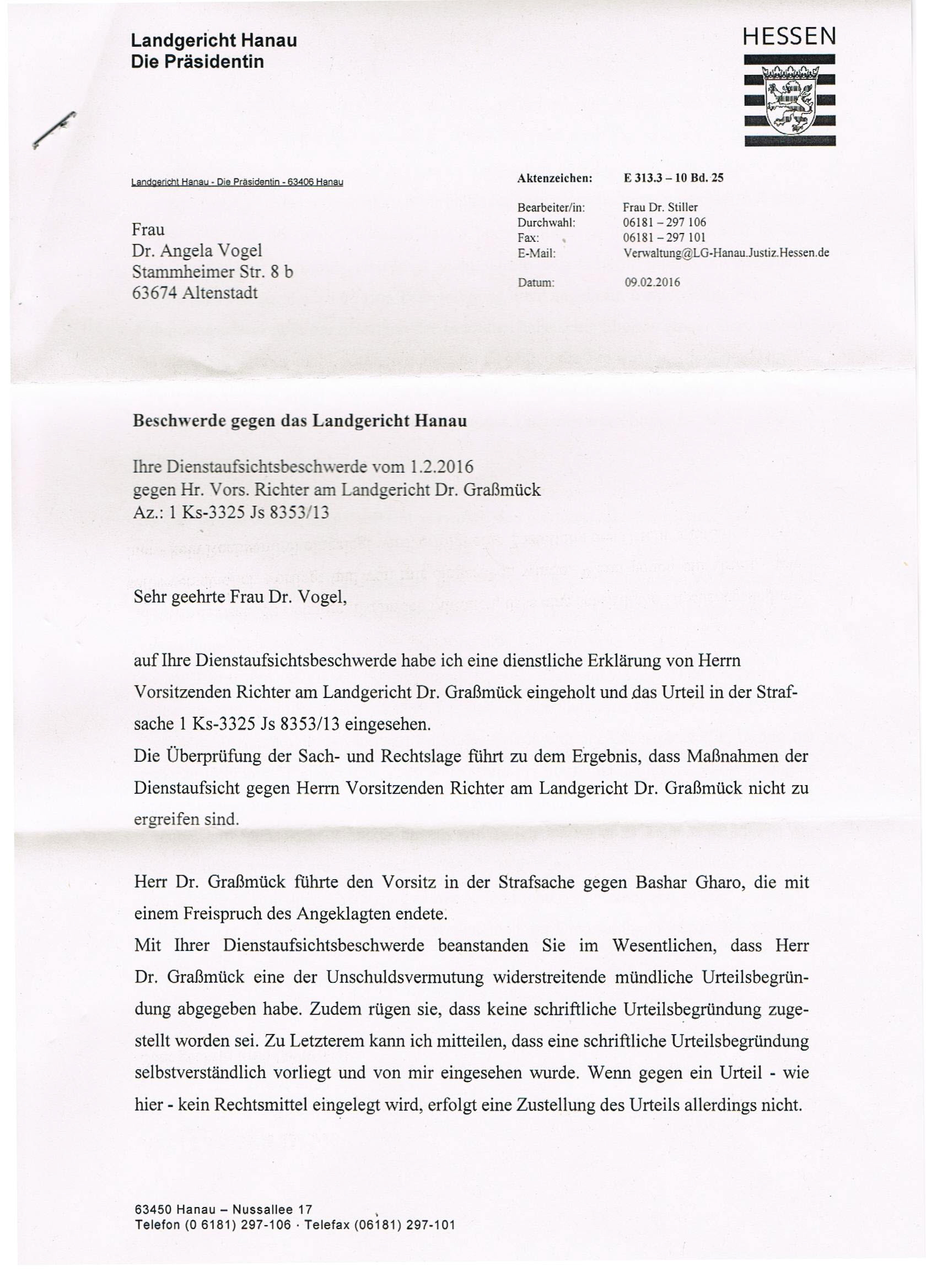 Antwort LG-Prsidentin Wetzel auf dienstaufsichtsbeschwerde ber Dr. Grasmck Feb-2016